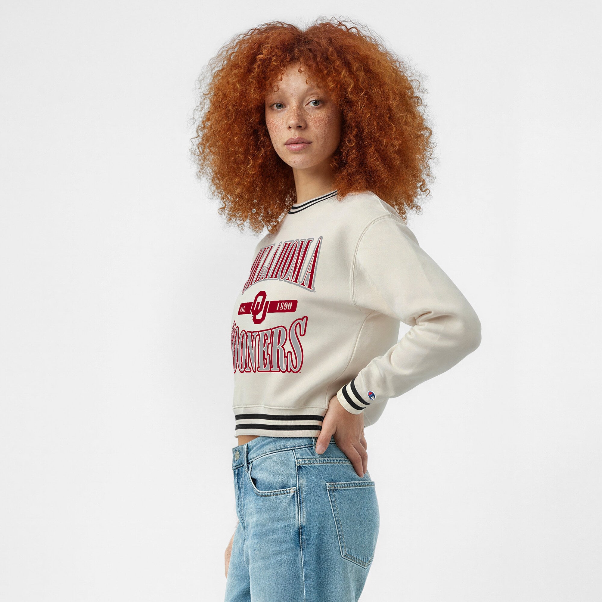 Women's Champion White Oklahoma Sooners Yarn Dye Rib Reverse Weave Crew Sweatshirt